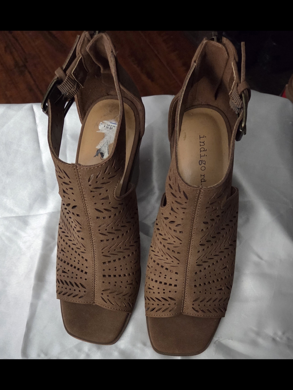 Indigo Tan Laser-Cut Open-Toe Ankle Strap Heels